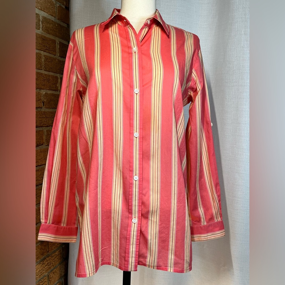 Liz Claiborne Pink Tan Striped Button Down Shirt Cotton Career Top S